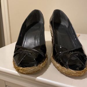 Stuart Weitzman black patent leather espadrille wedges
